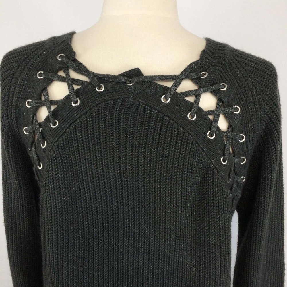 She + Sky Dark Gray Pullover Sweater,‎ Lace Up Back - Picture 5 of 9